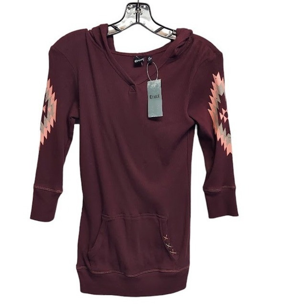 Cruel Girl Womens XS Burgundy Ribbed Knit Southwestern Graphic Hoodie V-Neck Top